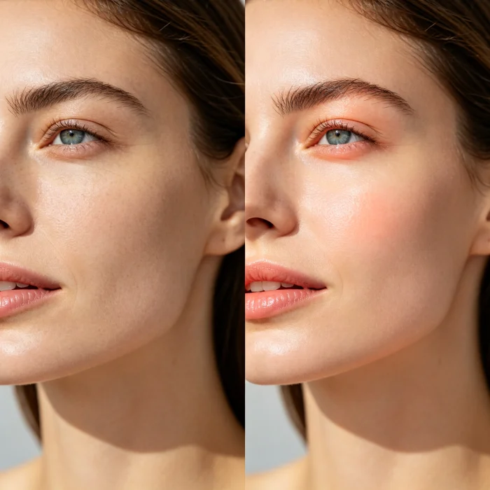 a close-up of a woman's face before and after red light therapy