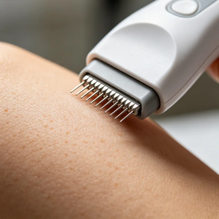 a close-up of a microneedling device on skin