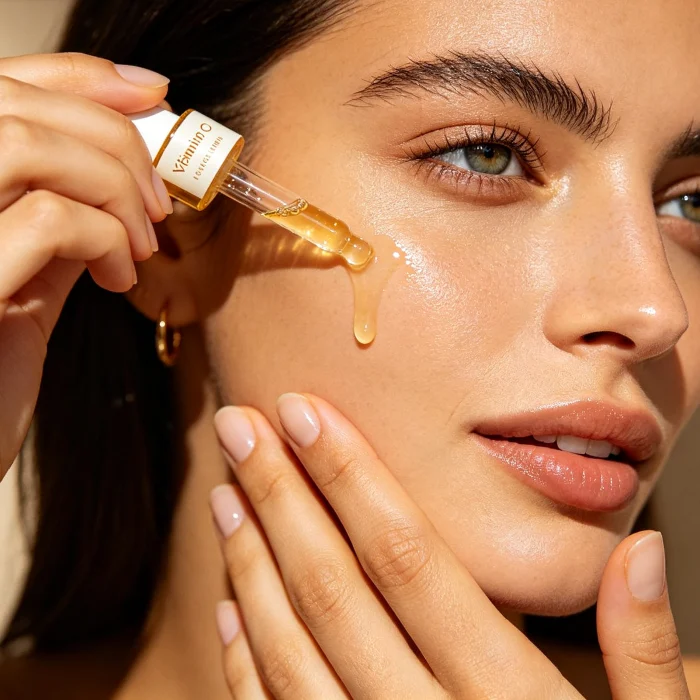 a woman applying vitamin C serum to her face