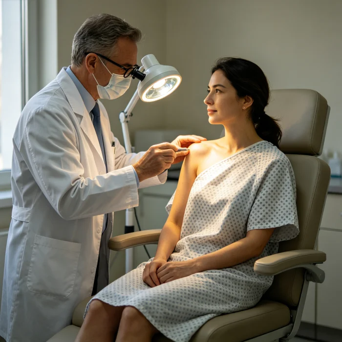 a dermatologist examining a patient's skin with a magnifying lamp