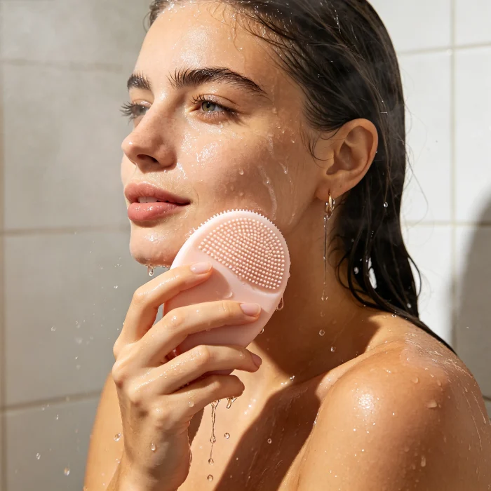 a person holding a silicone face scrubber in the shower