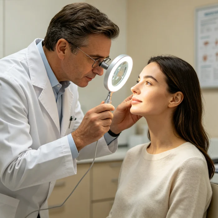 a dermatologist examining a patient's face with a magnifying lamp