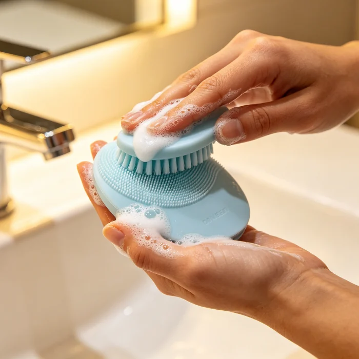 a person applying cleanser to a silicone face brush