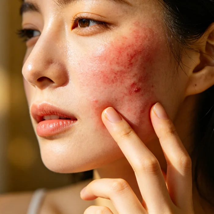 a person gently touching their red, irritated cheek