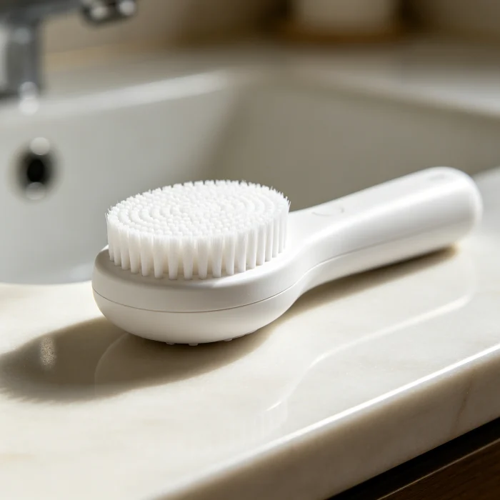a white silicone facial cleansing brush on a bathroom counter