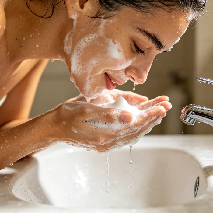 a person washing their face with hands and foaming cleanser