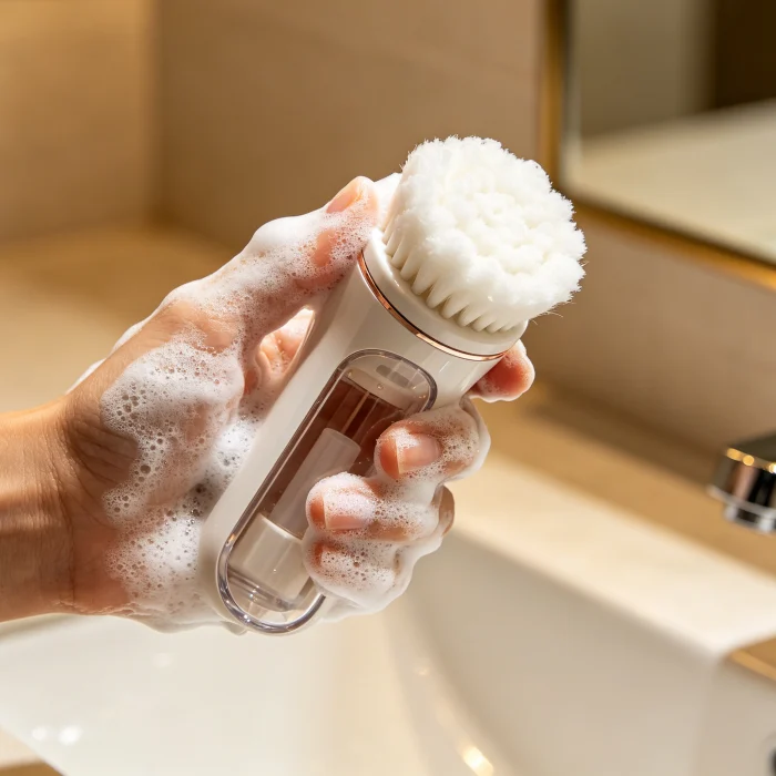 a person holding a facial cleansing brush with foam on it