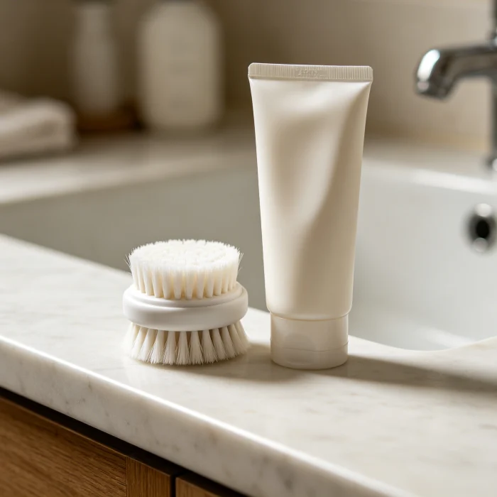 a bathroom counter with a facial cleansing brush and a tube of cleanser
