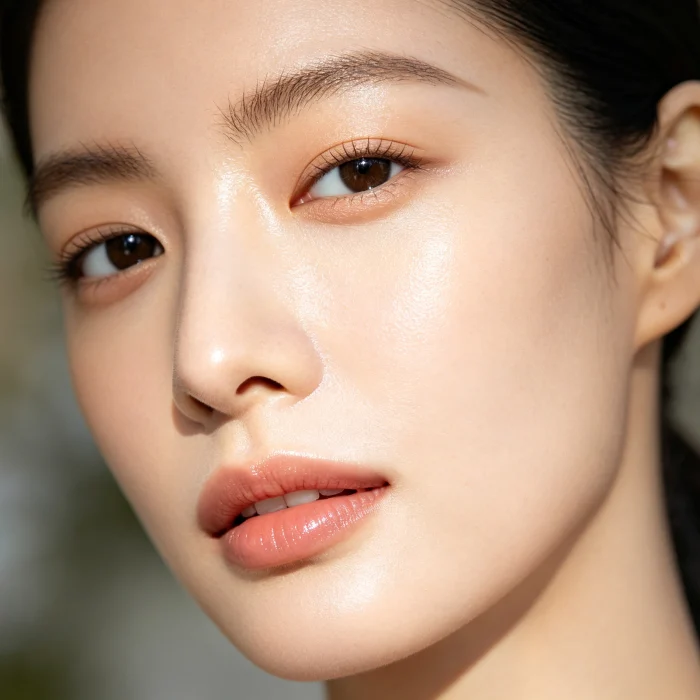 a close-up of a person's clean skin with a faint glow