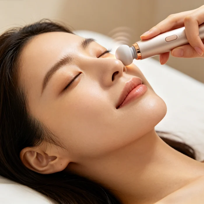 A woman gently pressing a vibrating eye wand under her eye while lying down