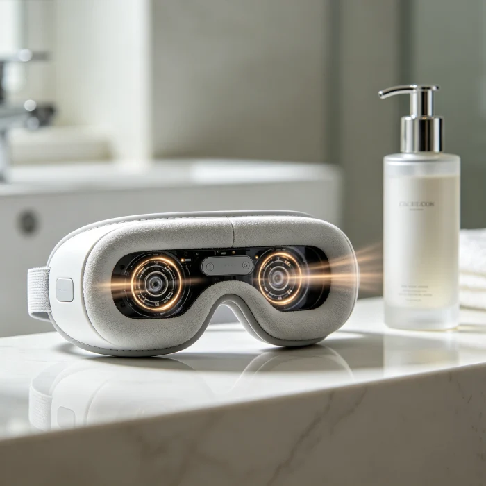 Close-up of a vibrating eye massager on a clean bathroom counter next to a skincare bottle