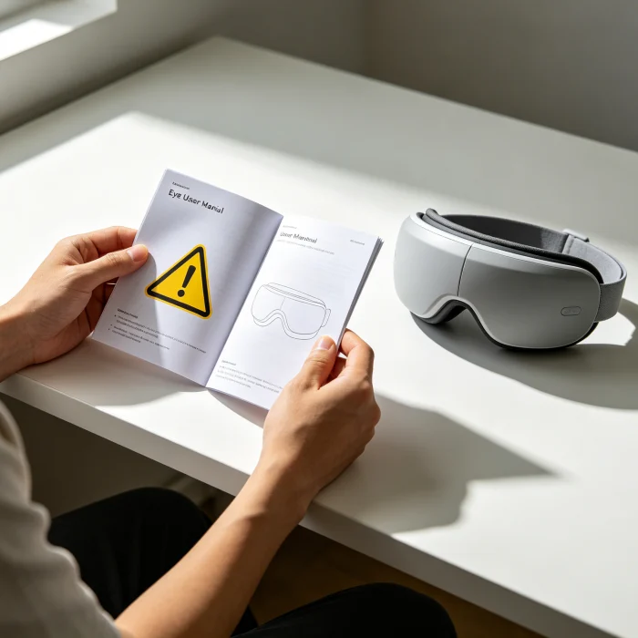 A person checking the user manual of an eye massager with a caution symbol