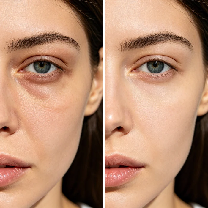 A before-and-after photo of a woman's under-eye area showing reduced puffiness after 2 weeks of use