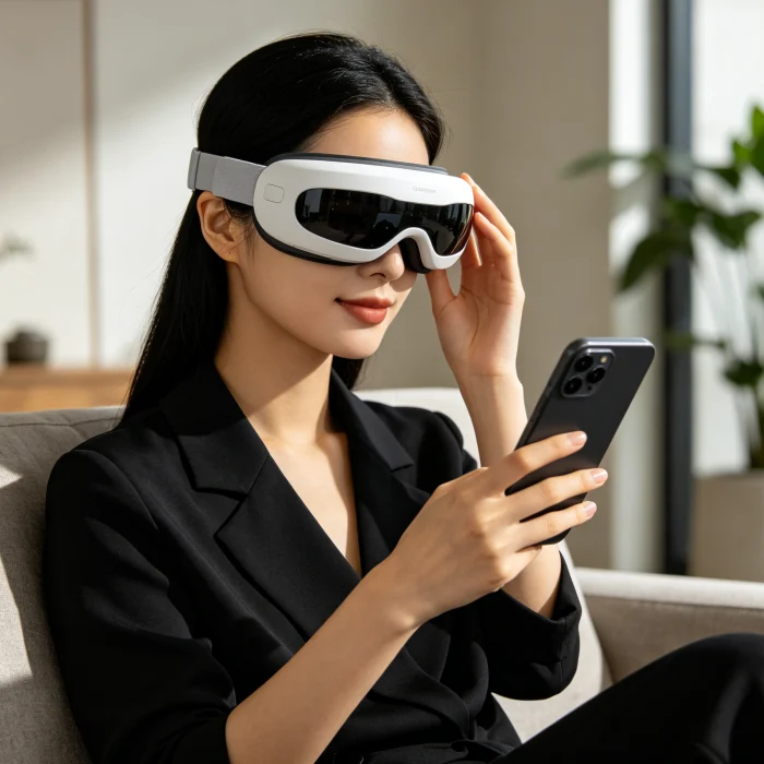 a person holding an eye massager while looking at a phone screen
