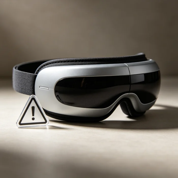 an eye massager with a warning icon next to it