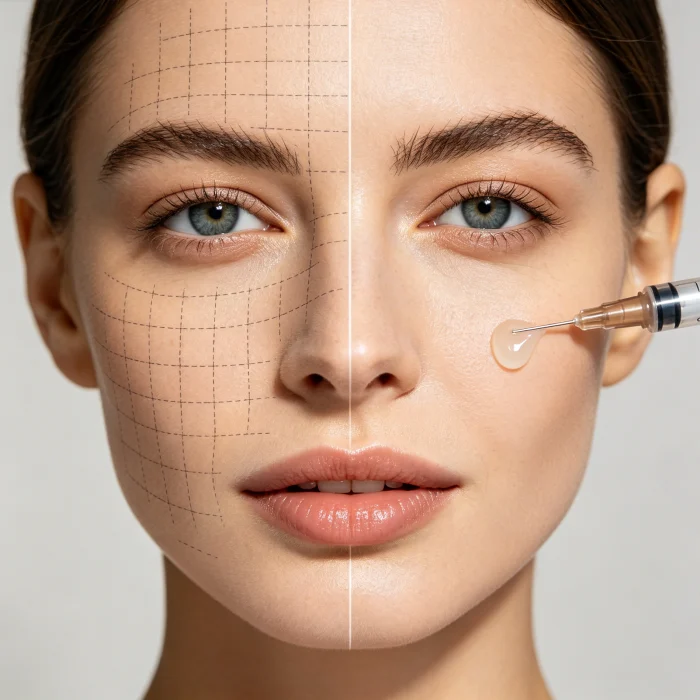 Woman's face half with HIFU markings and half with filler syringe close-up