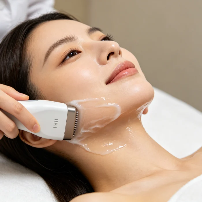 HIFU treatment being performed on a woman's jawline with ultrasound gel