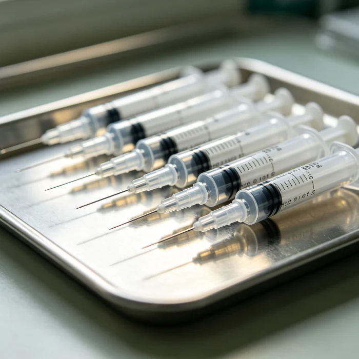 Syringes of dermal filler lined up on a medical tray