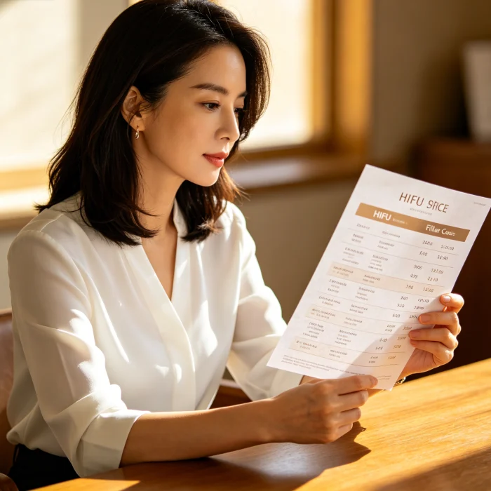 A woman looking at a price list comparing HIFU and filler costs