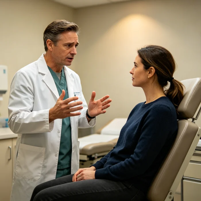 A dermatologist explaining risks to a patient in a consultation room