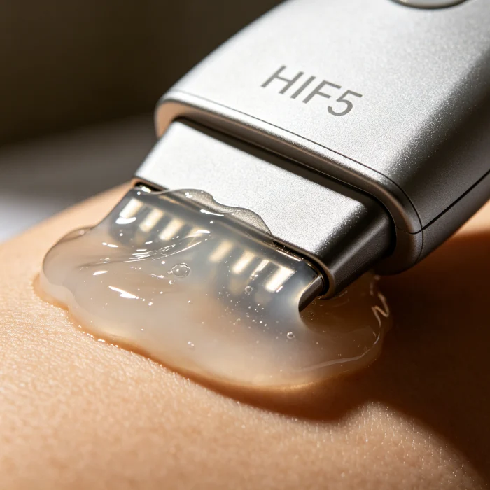 A close-up of a HIFU transducer head with gel on it
