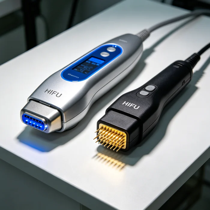 A side-by-side comparison of a HIFU device and an RF microneedling device on a table