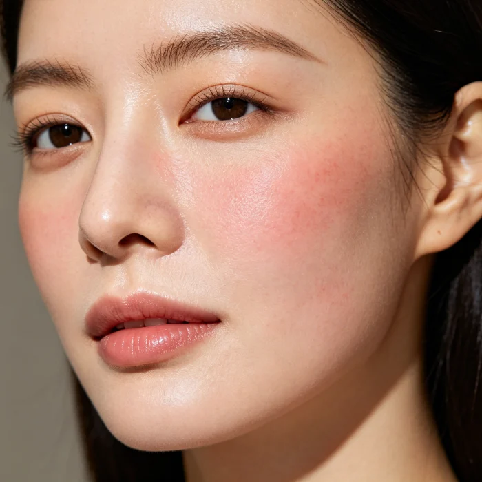 A close-up of a woman's face with slight redness after HIFU treatment