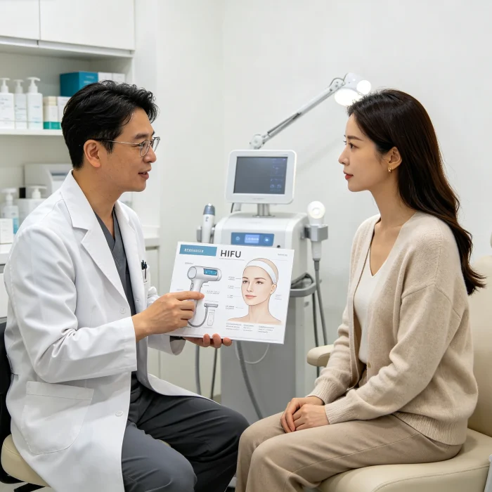 A dermatologist consulting a patient about HIFU treatment options