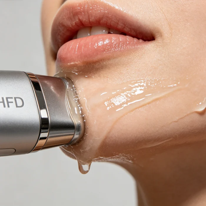 Close-up of a 12D HIFU handpiece touching the jawline with ultrasound gel visible