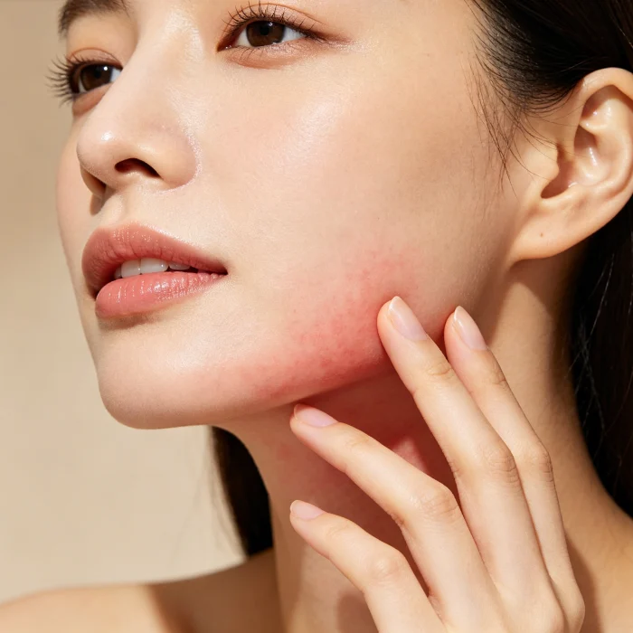 A woman touching her jawline gently after HIFU, with slight redness visible