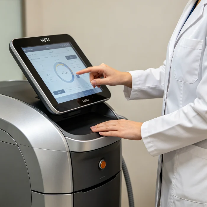 A clinician adjusting settings on a modern HIFU machine with a digital screen