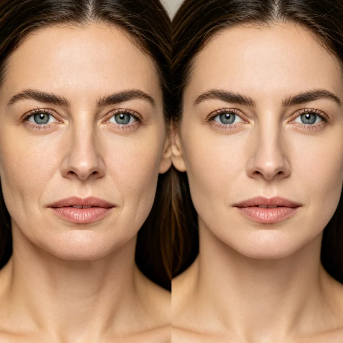 Before and after photos showing subtle skin tightening around the jaw and cheeks