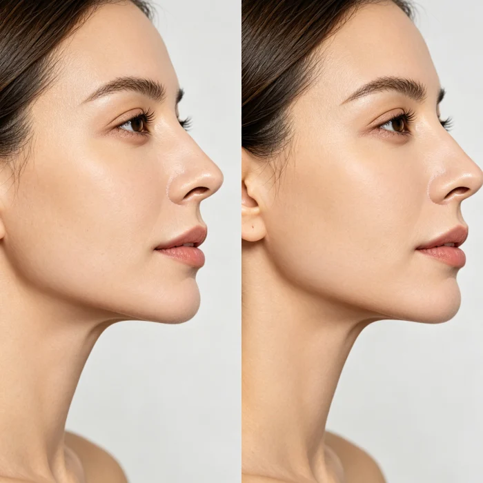 Close-up of a woman's jawline before and after HIFU treatment