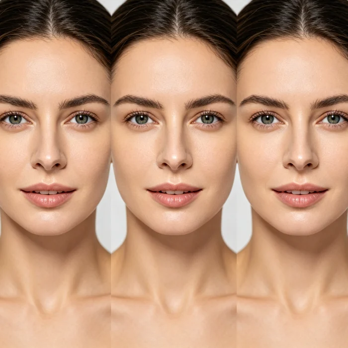 Side-by-side comparison of a woman's face at 0, 3, and 6 months after HIFU