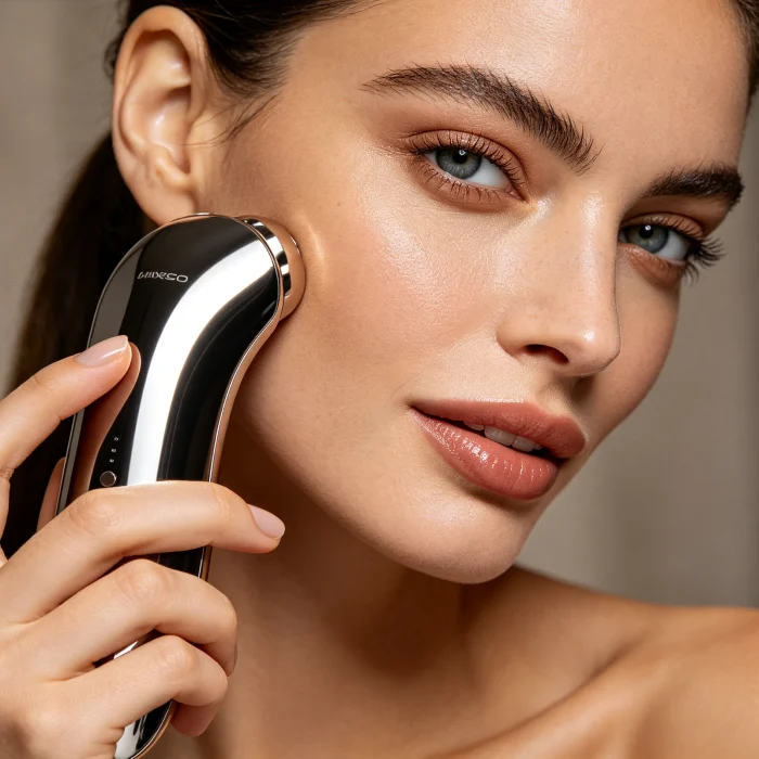 Woman holding a microcurrent device next to her face