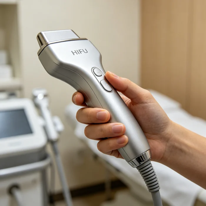 Close-up of a HIFU machine with its transducer handle in a clinic setting