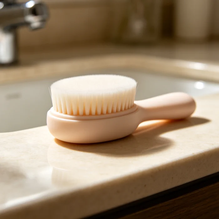 a soft silicone face brush on a bathroom counter