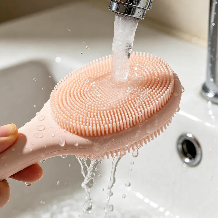 a silicone facial cleansing brush being rinsed under running water