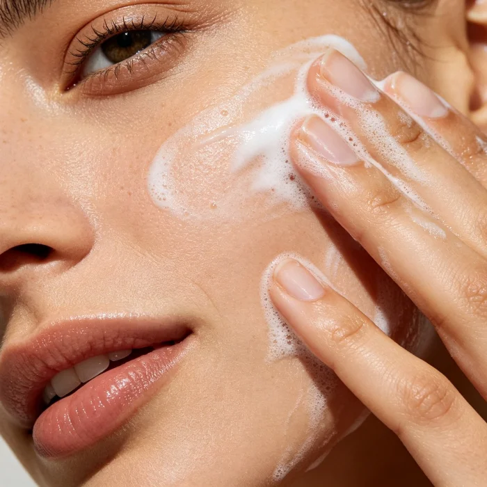 a close-up of a hand applying cleanser to a face with gentle circular motions