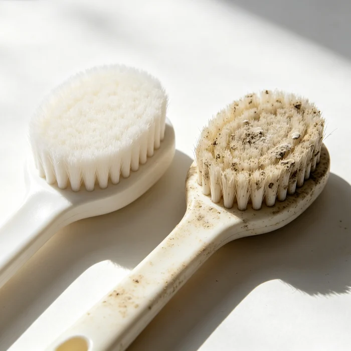 a comparison photo of clean and dirty facial cleansing brushes