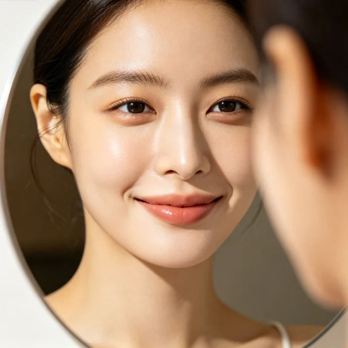 a person with clear skin smiling while looking in a mirror