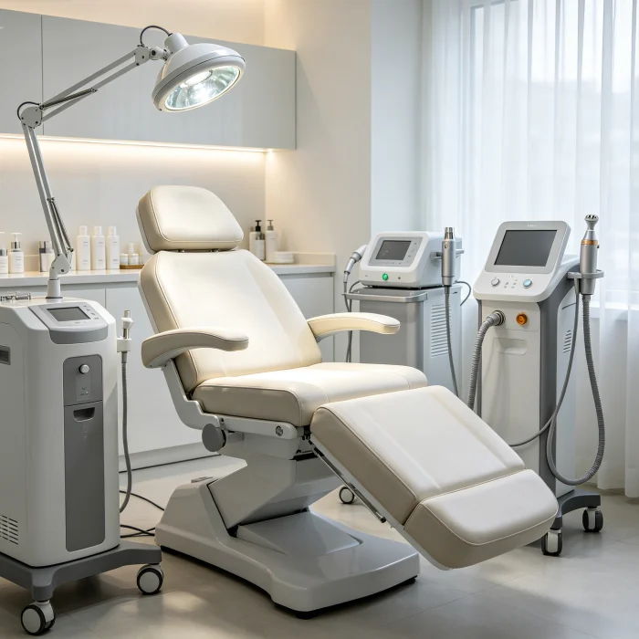 a dermatologist's office with a chair and equipment