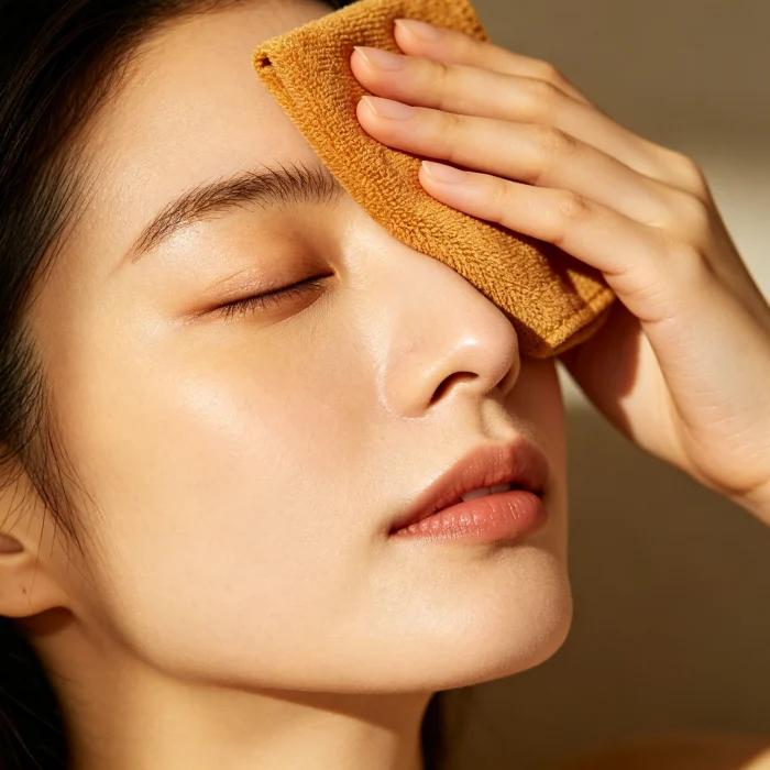 a person gently pressing a warm compress over their closed eyes