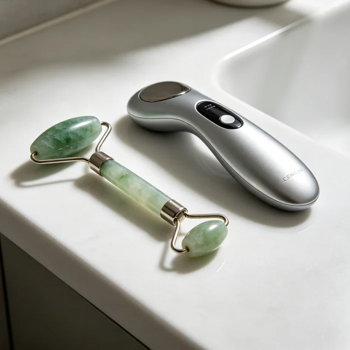 a jade roller resting next to an electric eye massager on a white bathroom counter