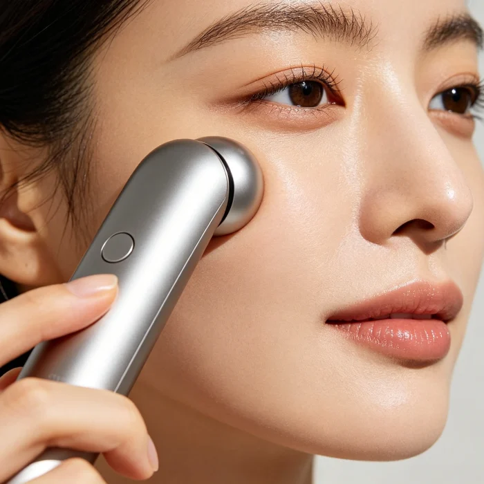 a person using a handheld electric eye massager on their under-eye area