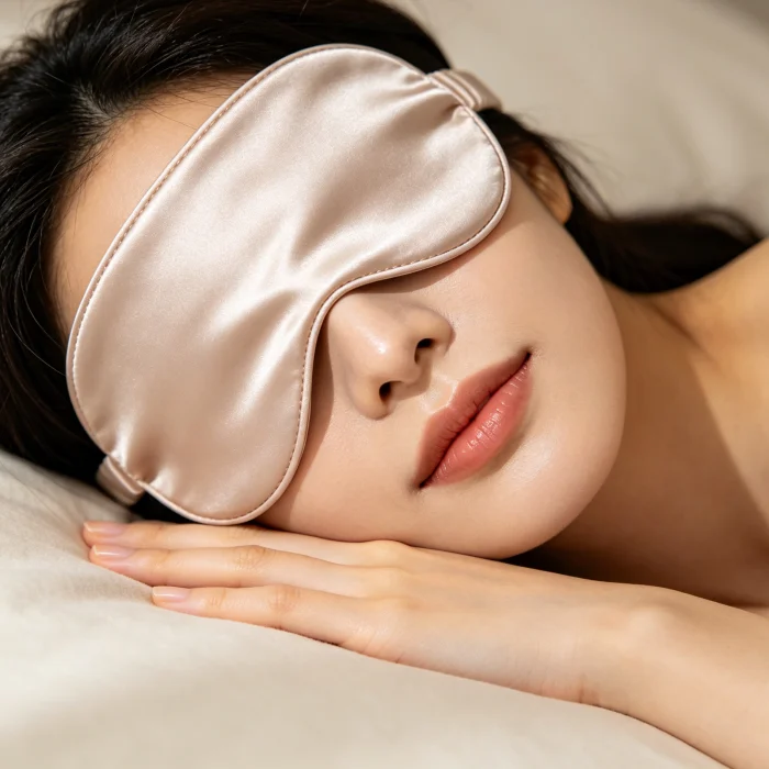 a calm person lying down with a silk sleep mask over their eyes