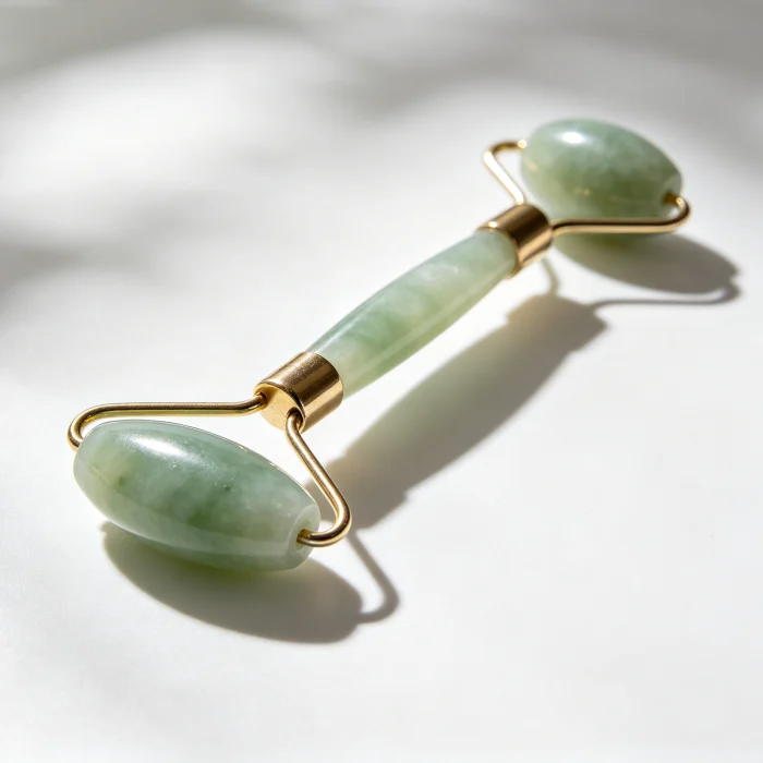 a jade roller with two ends on a white surface