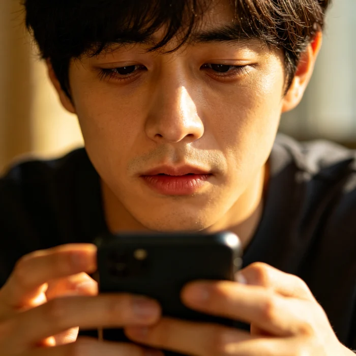 a person looking at a smartphone screen with tired eyes