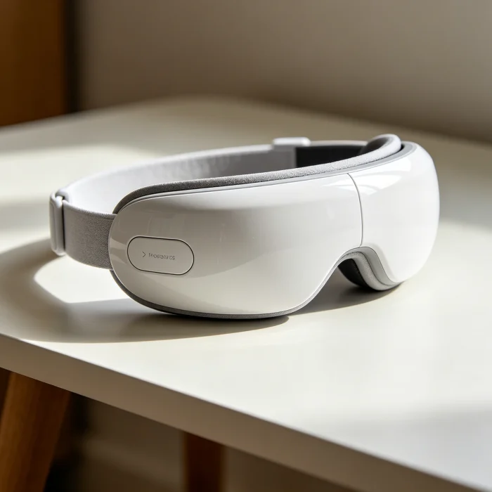 a modern electric eye massager with a sleek white design on a table