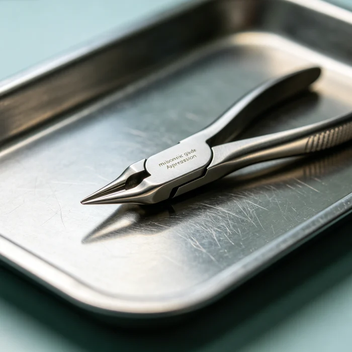 a close-up of a meibomian gland expression tool on a clinical tray
